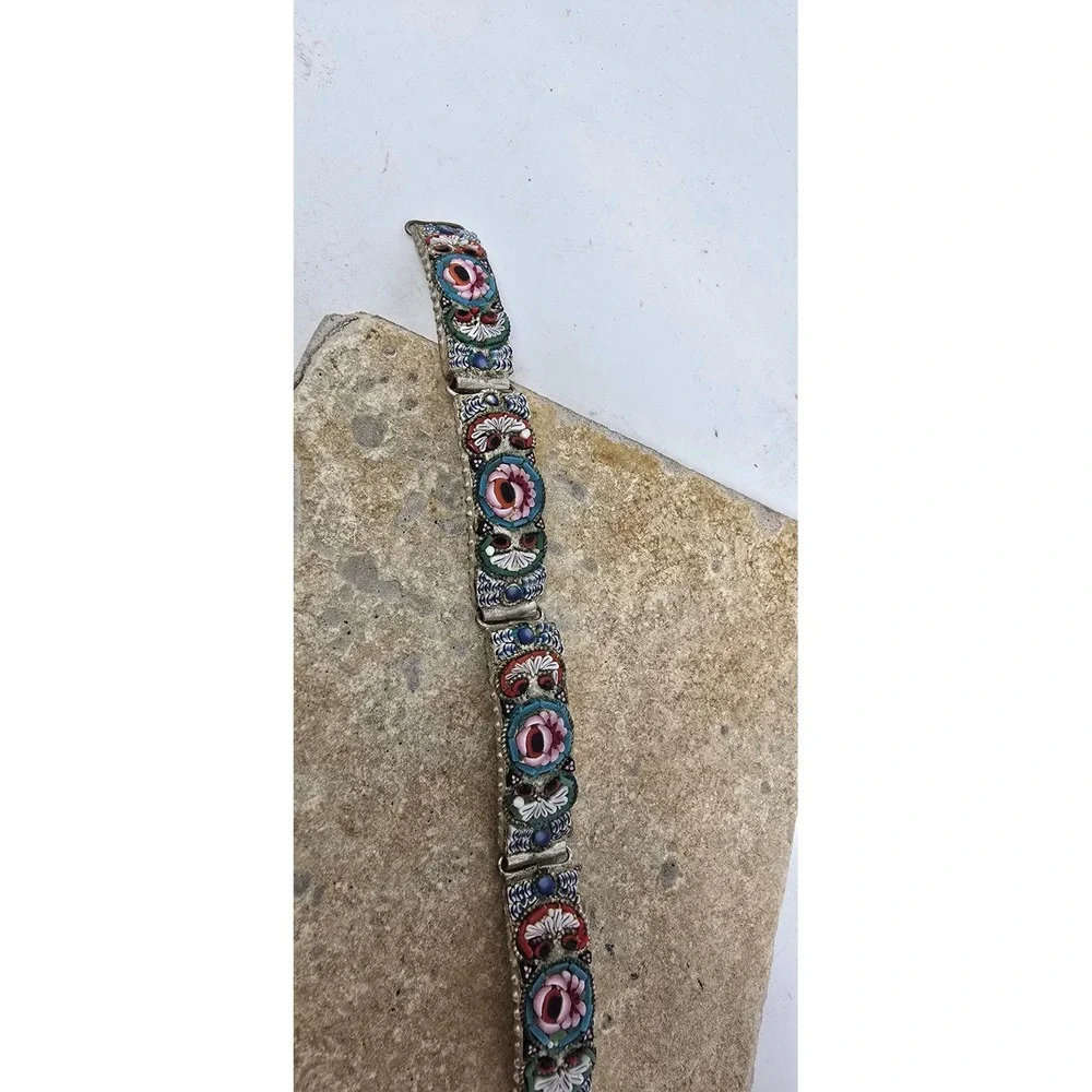 Vtg Italian micro mosaic link panel bracelet floral glass artsy tesserae tiles